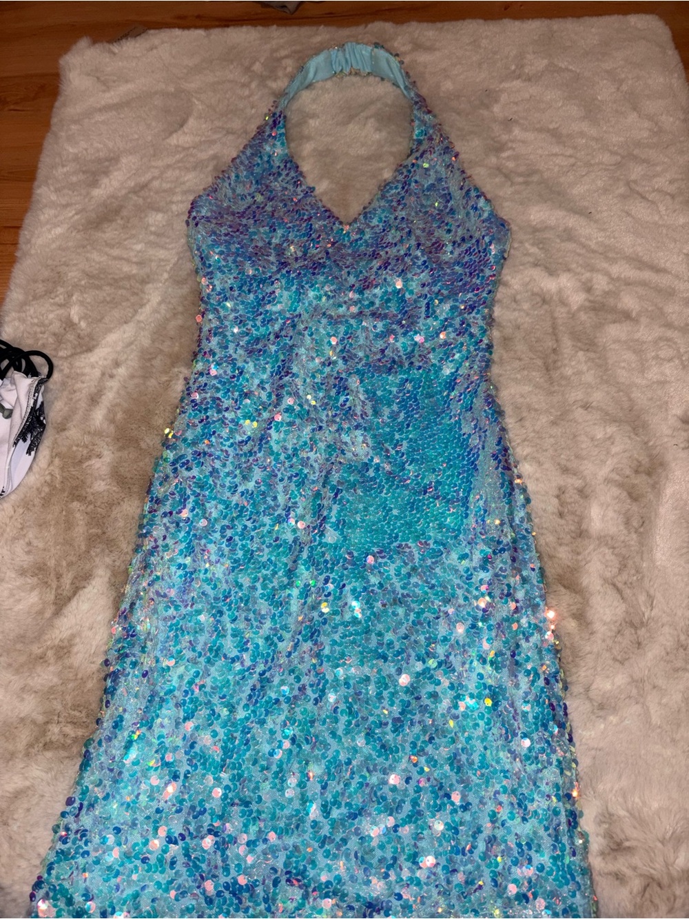 B Darlin Light Aqua Sequin Halter Dress